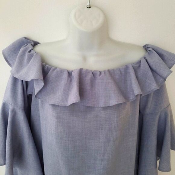 Chambray Grey-Blue Off-Shoulder Ruffle Dress - NWT - M - Picture 7 of 13